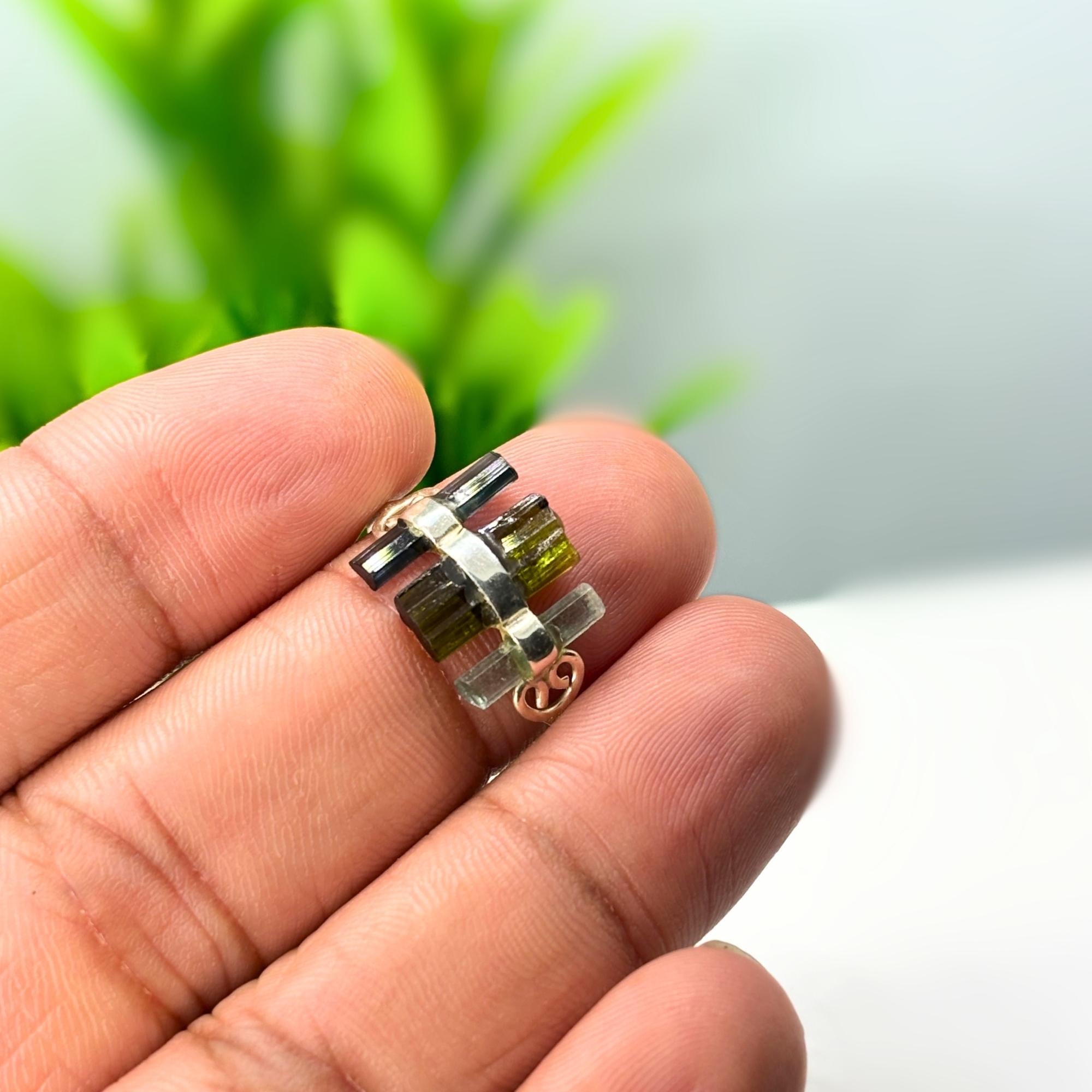 Raw Green & Blue Tourmaline Bar Ring: Handmade Sterling Silver Stacking Ring