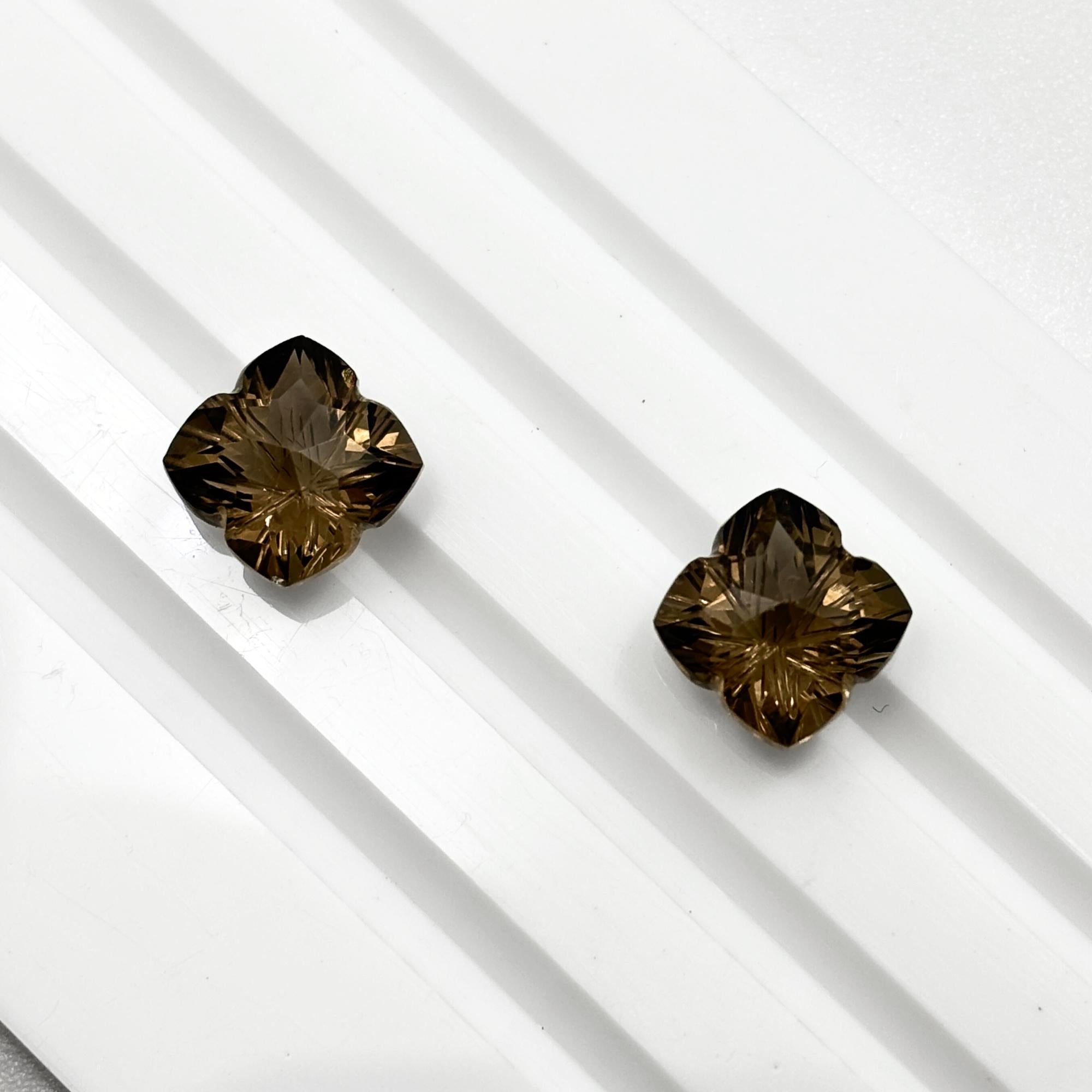 Smoky Quartz Gemstone Pair – Deep Brown Flower Cut Stones
