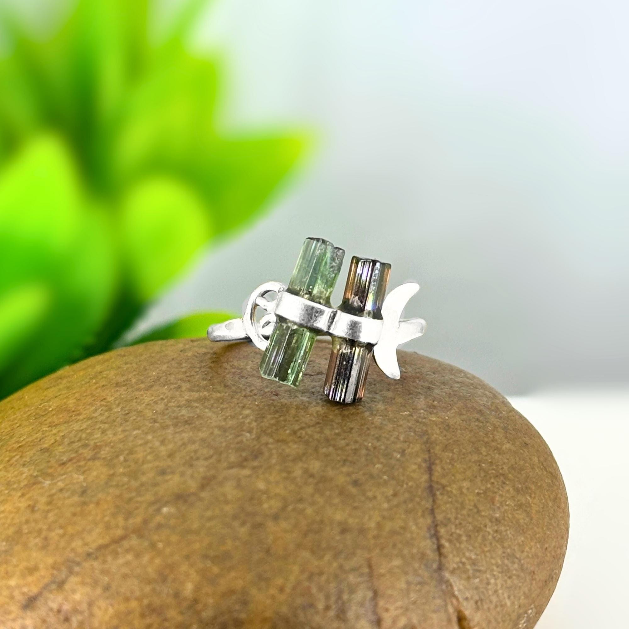 Raw Tourmaline Bar Ring: Sterling Silver Open Band, Green & Blue