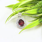 Garnet CZ Double Halo Pendant in 925 Sterling Silver – Luxe Oval Red Gemstone Necklace, Sparkling January Birthstone Jewelry Gift for Her
