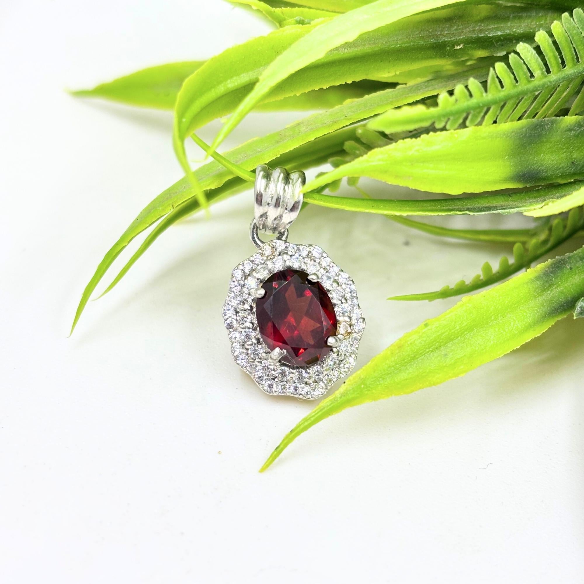 Garnet CZ Double Halo Pendant in 925 Sterling Silver – Luxe Oval Red Gemstone Necklace, Sparkling January Birthstone Jewelry Gift for Her