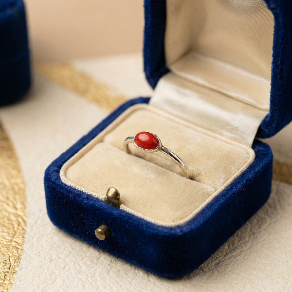 Natural Coral Oval Ring | 925 Sterling Silver | Boho Gemstone Band | Handmade Ring Jaipur