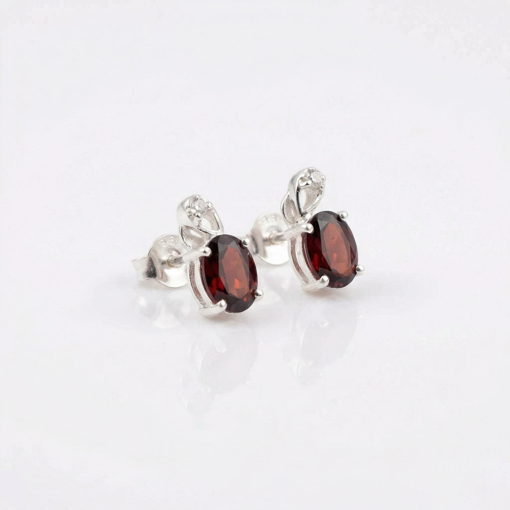 Garnet Stud Earrings 925 Sterling Silver | Oval Gemstone Studs | January Birthstone | Minimalist Jewelry