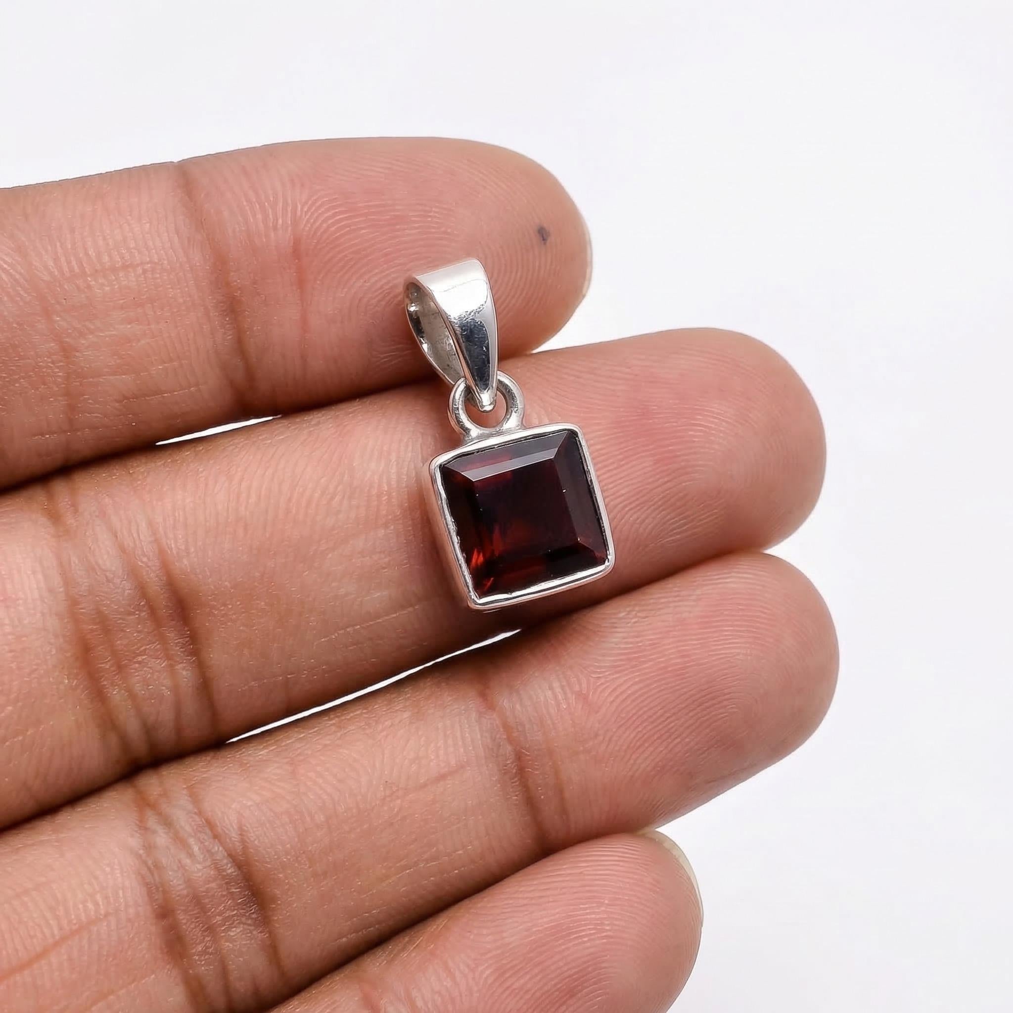 Square Garnet Sterling Silver Pendant – Minimalist Deep Red Charm