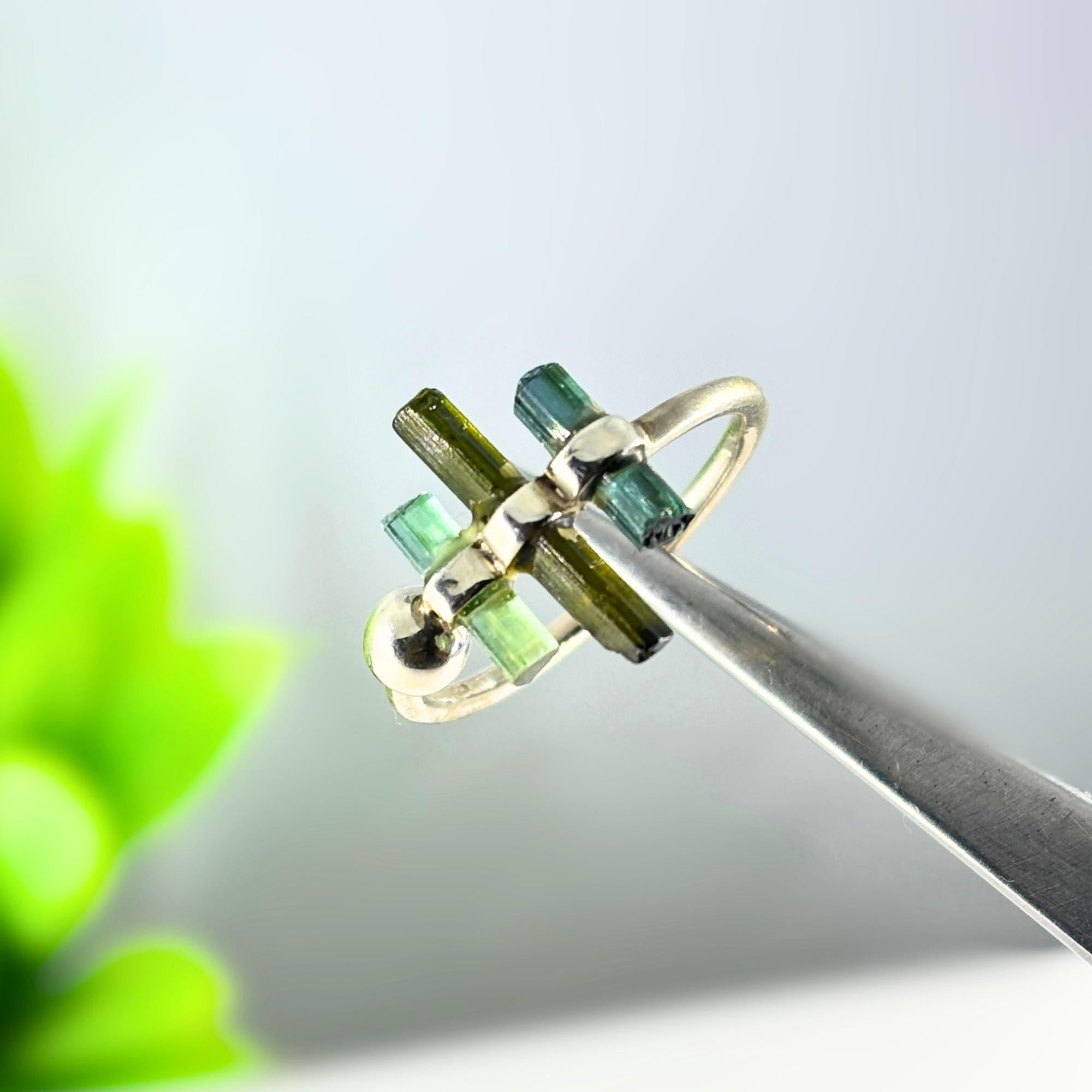 Raw Multi-Tourmaline Bar Sterling Silver Ring | Handmade Gemstone Stacking Ring | Minimalist Open Band Jewelry