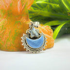Blue Opal Moon & Dendritic Agate Star Pendant: Sterling Silver Celestial Charm