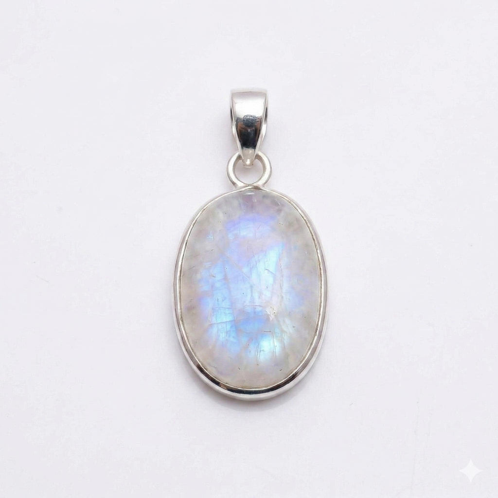 Oval Rainbow Moonstone Pendant – Sterling Silver Boho Gemstone Necklace