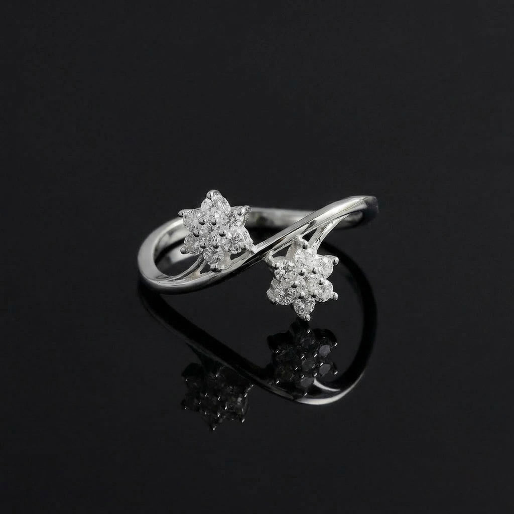 Sterling Silver Double Flower Ring, Cubic Zirconia Open Band, Dainty Floral Jewelry