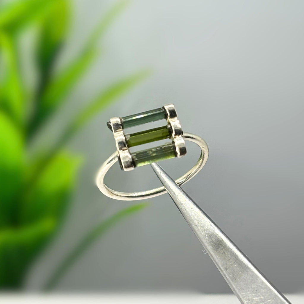 Raw Green Tourmaline Bar Ring: Sterling Silver Stacking Gemstone