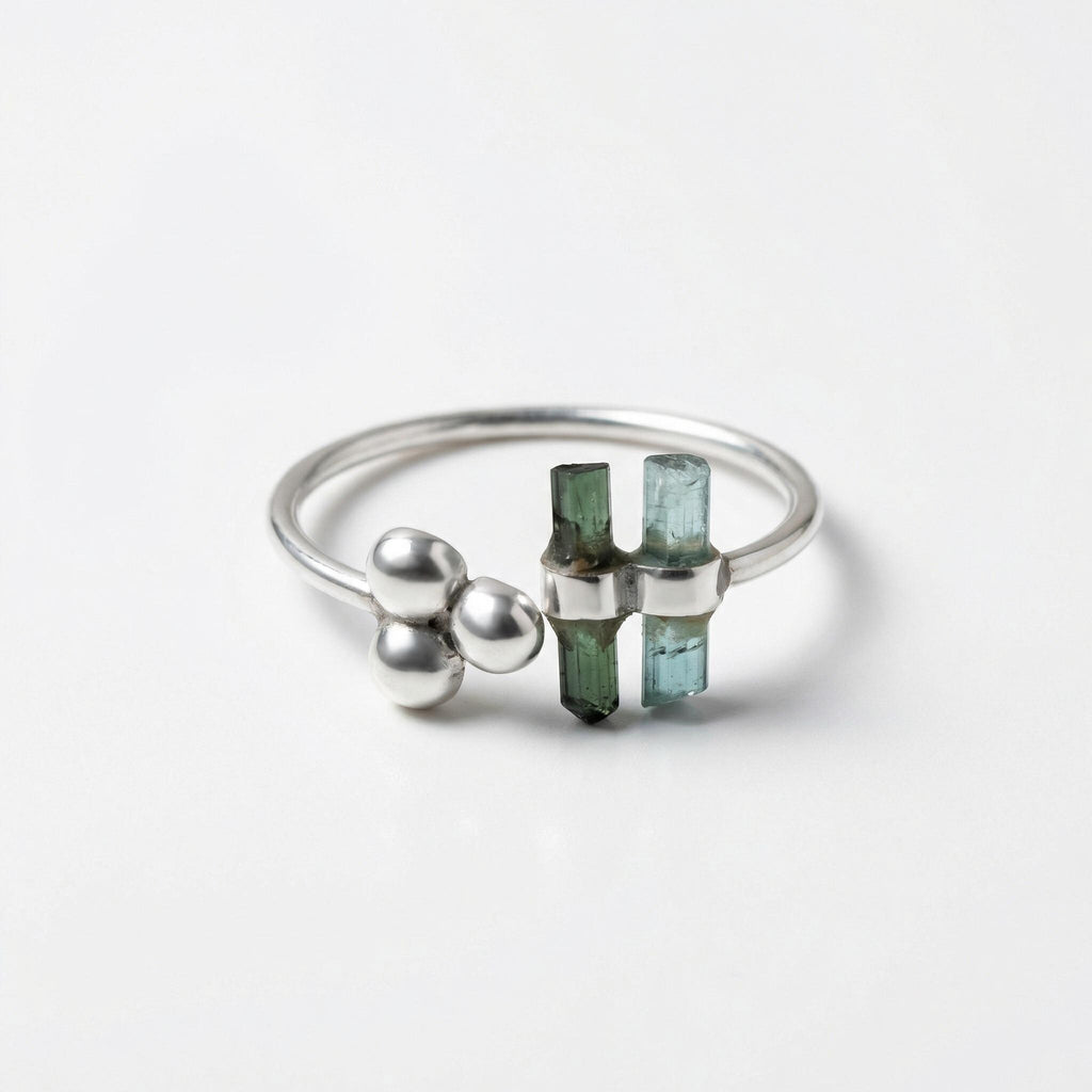 Raw Green Tourmaline Bar Sterling Silver Ring | Handmade Gemstone Stacking Ring | Minimalist Modern Jewelry