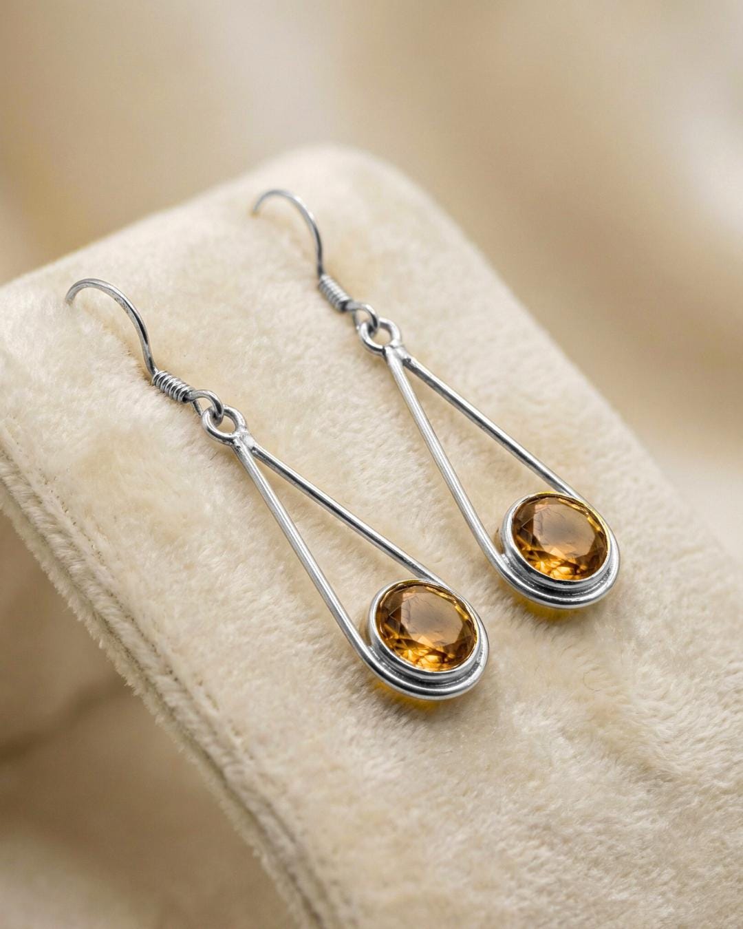 Citrine Drop Earrings 925 Sterling Silver | Round Gemstone Dangle | November Birthstone | Handmade Jewelry