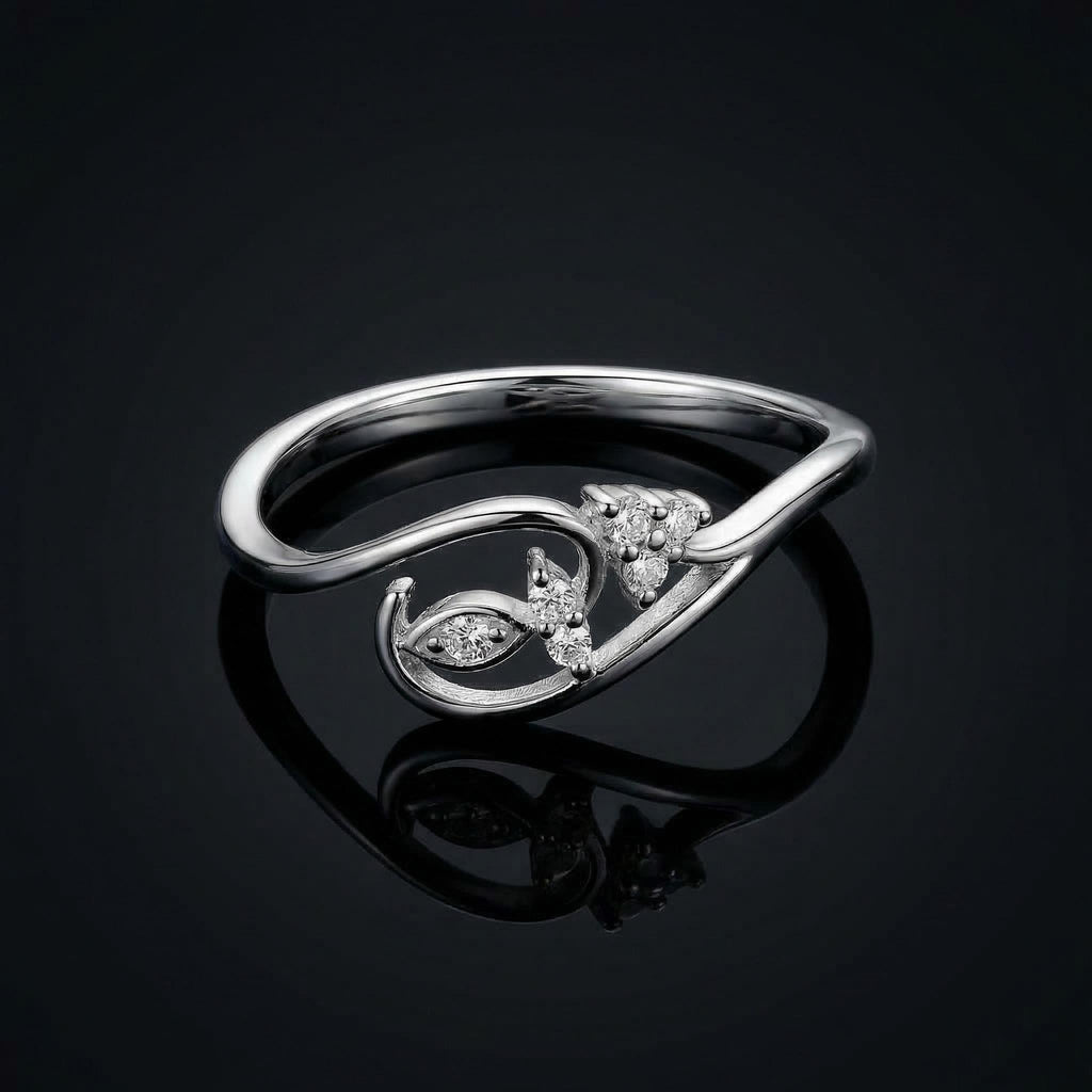 White Gold Floral Diamond Leaf Ring – Nature Inspired Open Band Cluster