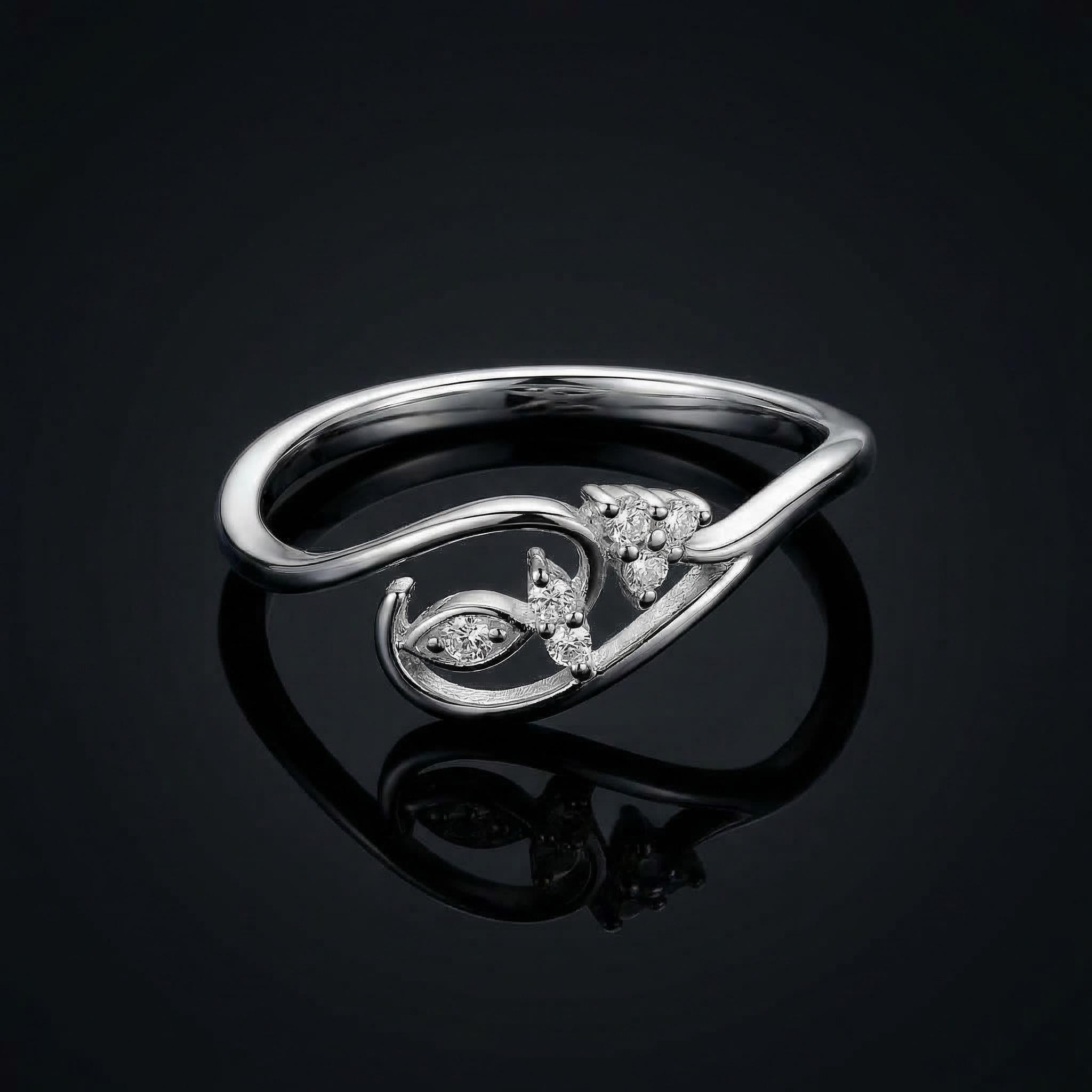 White Gold Floral Diamond Leaf Ring – Nature Inspired Open Band Cluster
