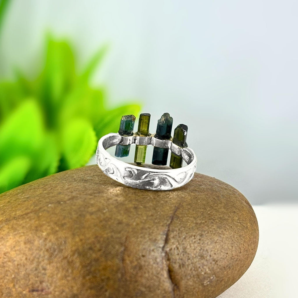 Raw Green Tourmaline Bar Ring: Sterling Silver October Birthstone