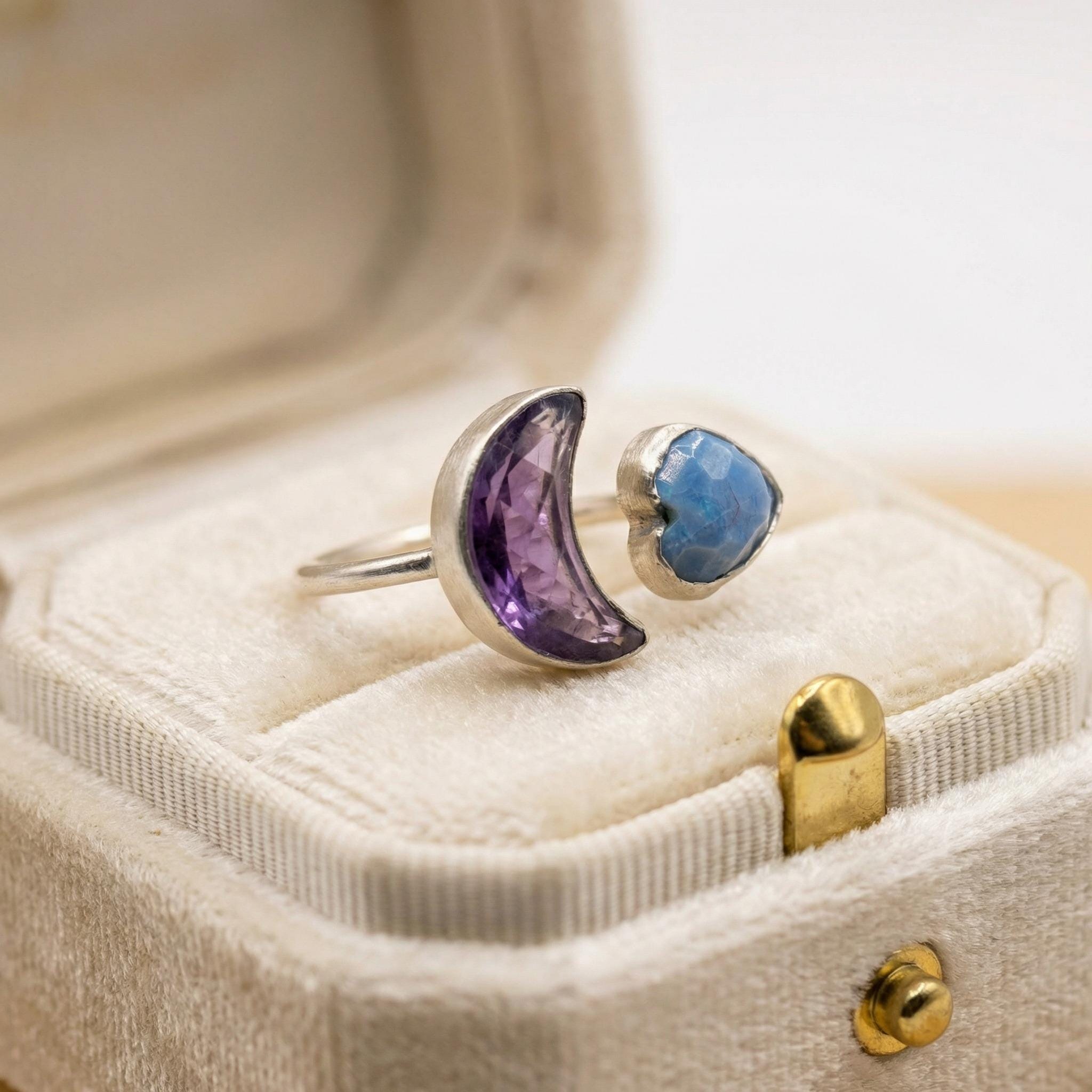 Natural Amethyst & Opal Heart Ring | 925 Sterling Silver | Celestial Gemstone Band | Handmade Ring Jaipur