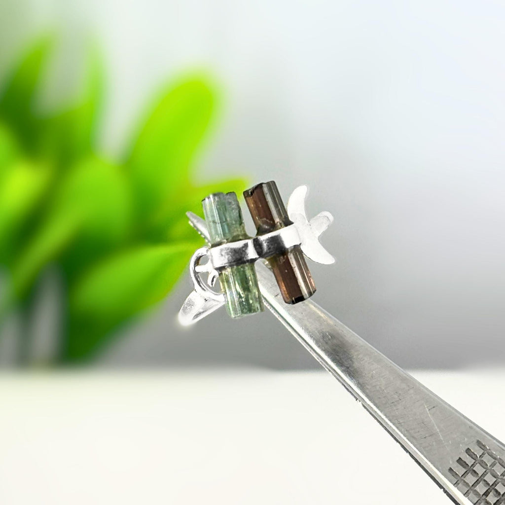 Raw Tourmaline Bar Ring: Sterling Silver Open Band, Green & Blue