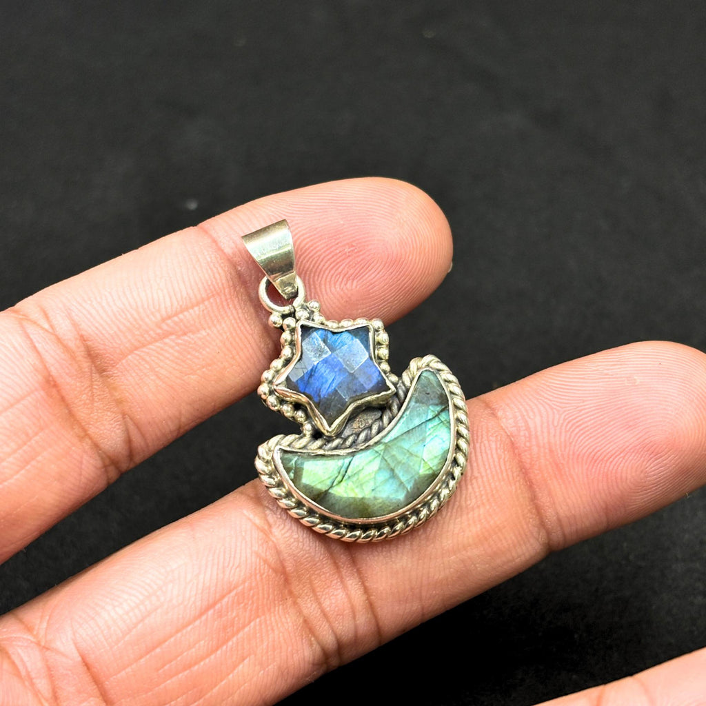 Labradorite Star and Moon Pendant: Sterling Silver Celestial Necklace
