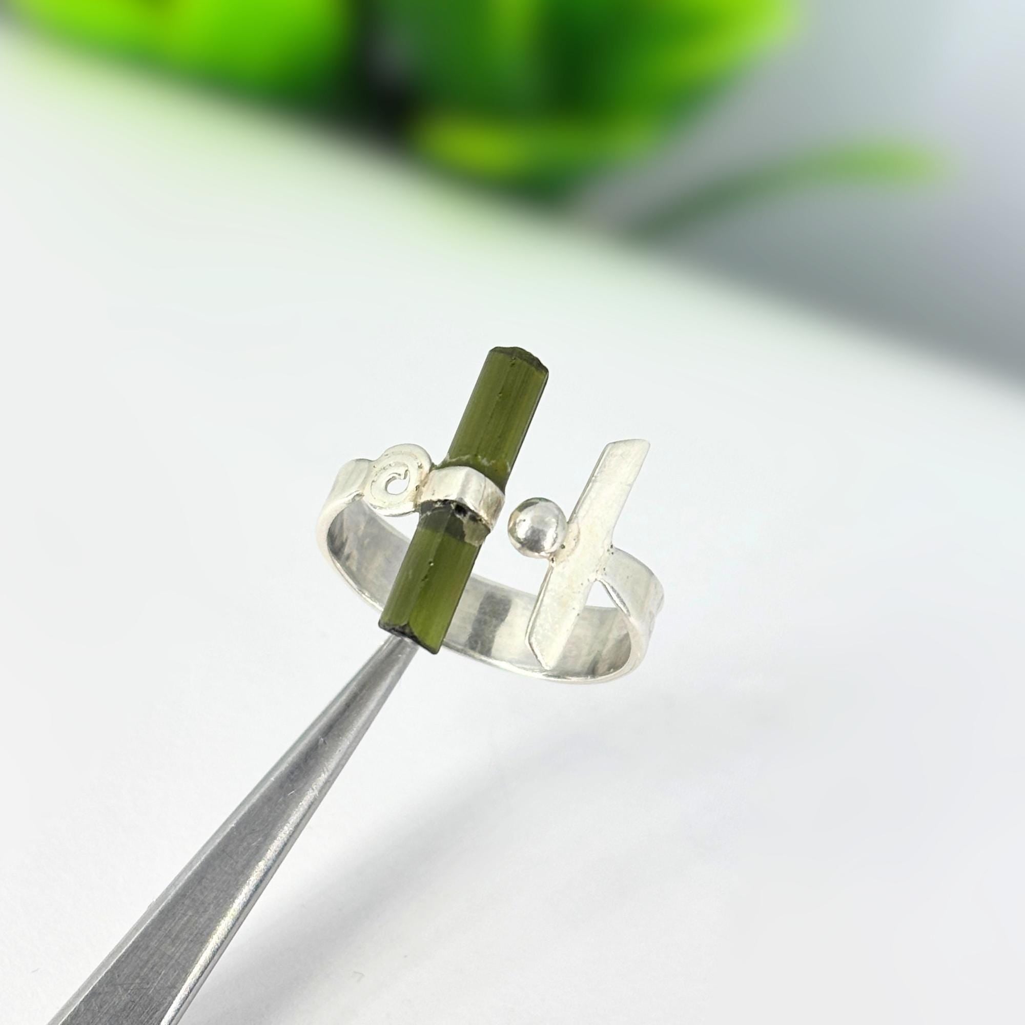 Raw Green Tourmaline Bar Sterling Silver Ring | Handmade Stacking Ring | Minimalist Gemstone Jewelry Gift