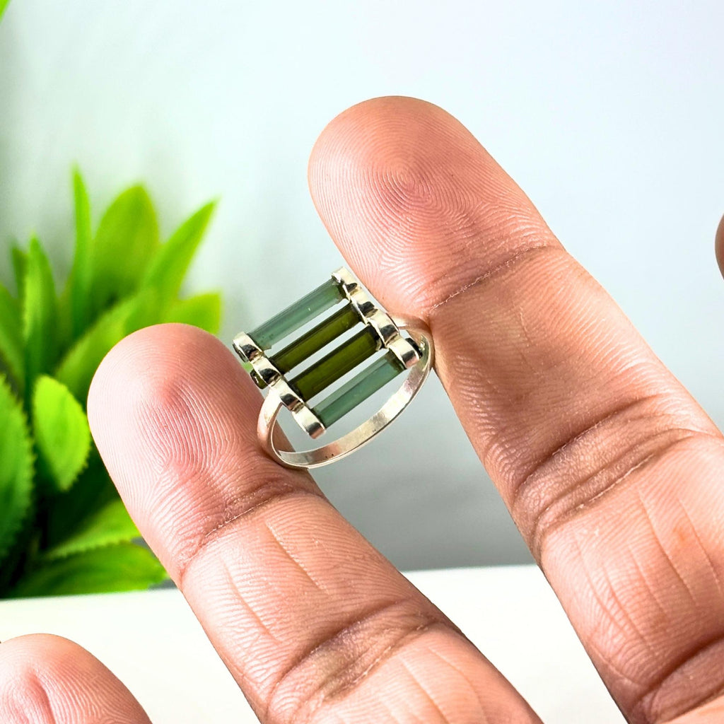 Raw Green Tourmaline Bar Ring: Sterling Silver October Birthstone