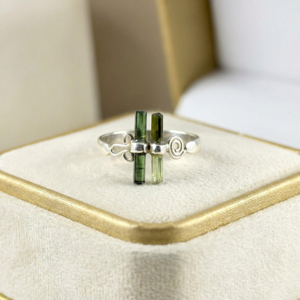 Raw Tourmaline Bar Ring: Adjustable Sterling Silver Stick Ring