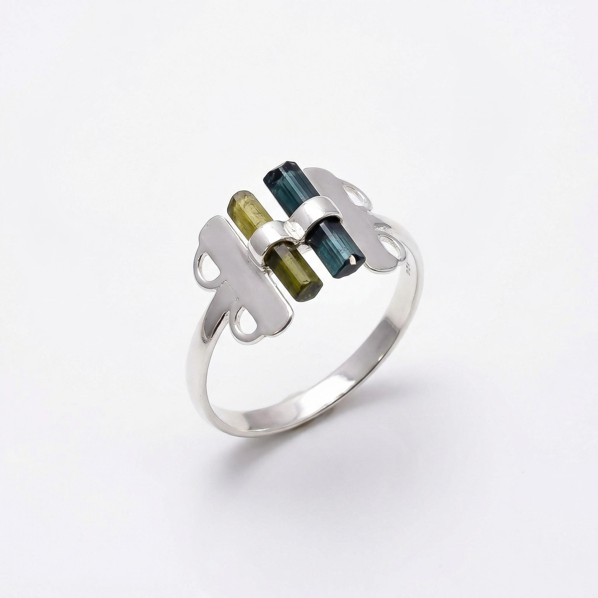 Raw Green Tourmaline Bar Sterling Silver Ring | Handmade Gemstone Stacking Ring | Minimalist Modern Jewelry