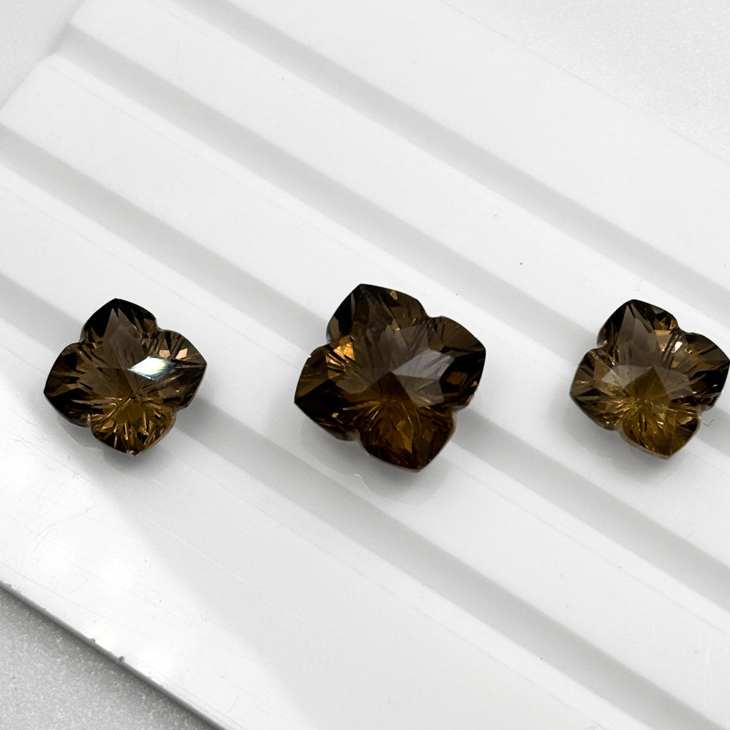 Smoky Quartz Gemstone Pair – Deep Brown Flower Cut Stones