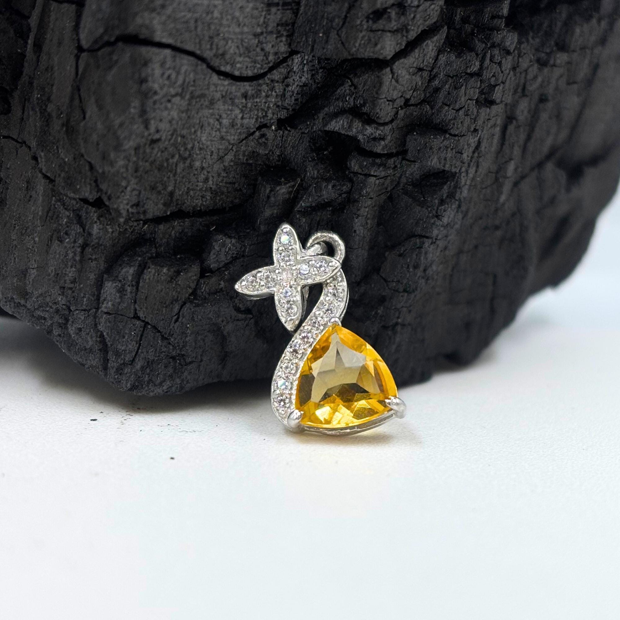 Citrine Trillion Pendant – Sterling Silver CZ Flower Drop, November Birthstone