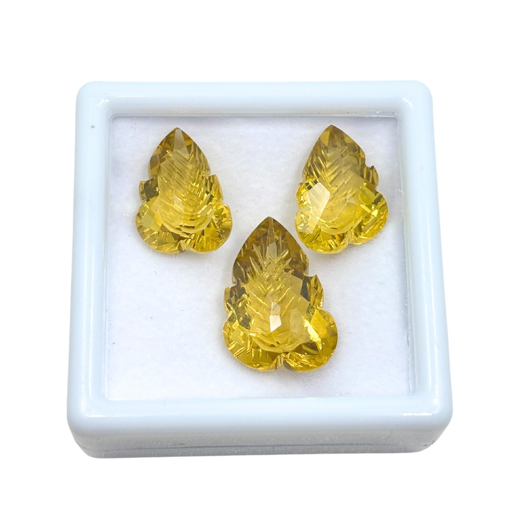 Hand-Carved Lemon Quartz Gemstone Pair – Floral Leaf Cut Stones
