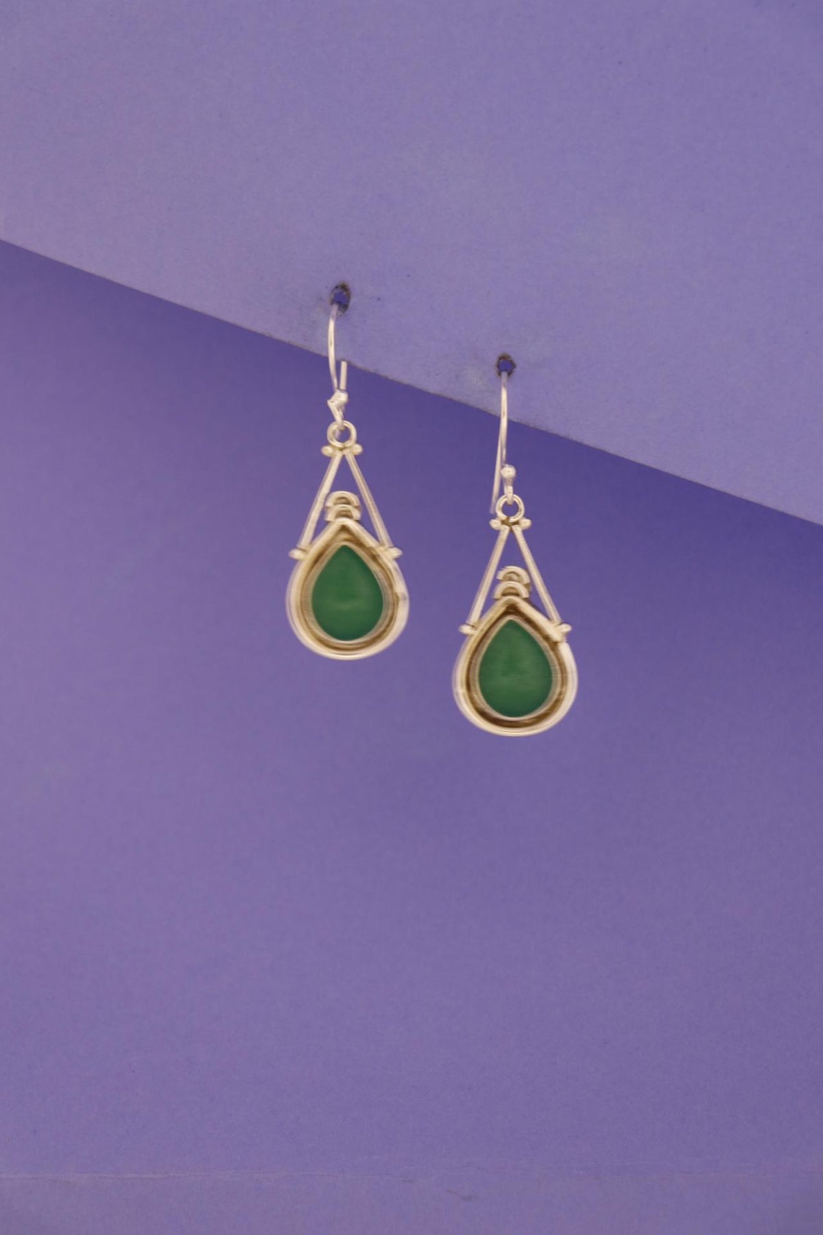 Green Onyx Pear Drop Earrings | Sterling Silver Teardrop Dangle | Ornate Frame Jewelry