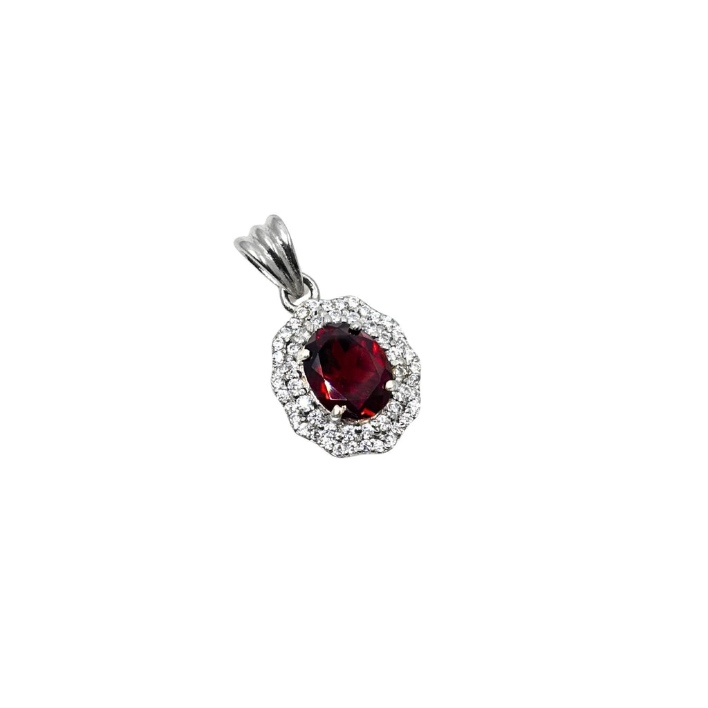 Garnet CZ Double Halo Pendant in 925 Sterling Silver – Luxe Oval Red Gemstone Necklace, Sparkling January Birthstone Jewelry Gift for Her
