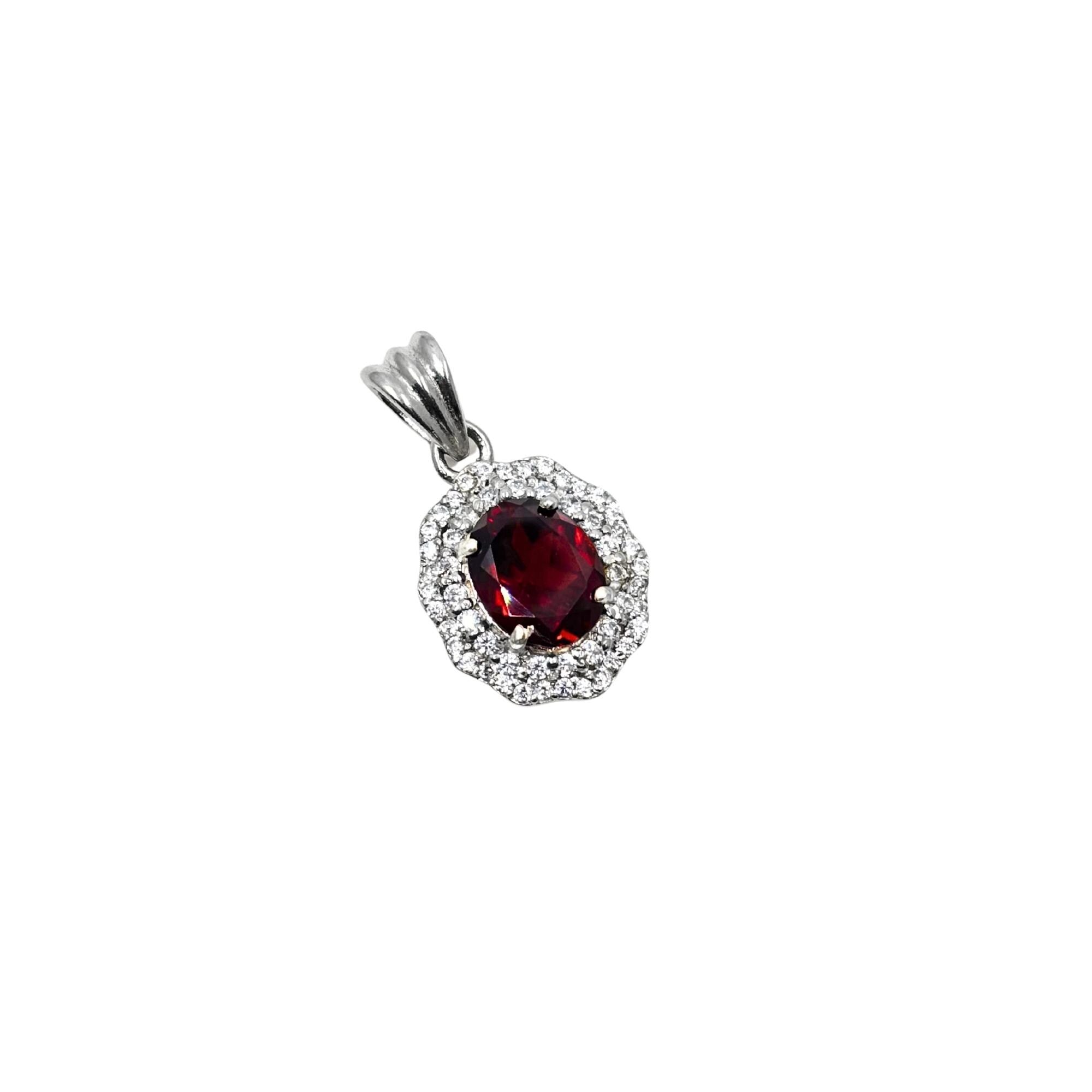 Garnet CZ Double Halo Pendant in 925 Sterling Silver – Luxe Oval Red Gemstone Necklace, Sparkling January Birthstone Jewelry Gift for Her
