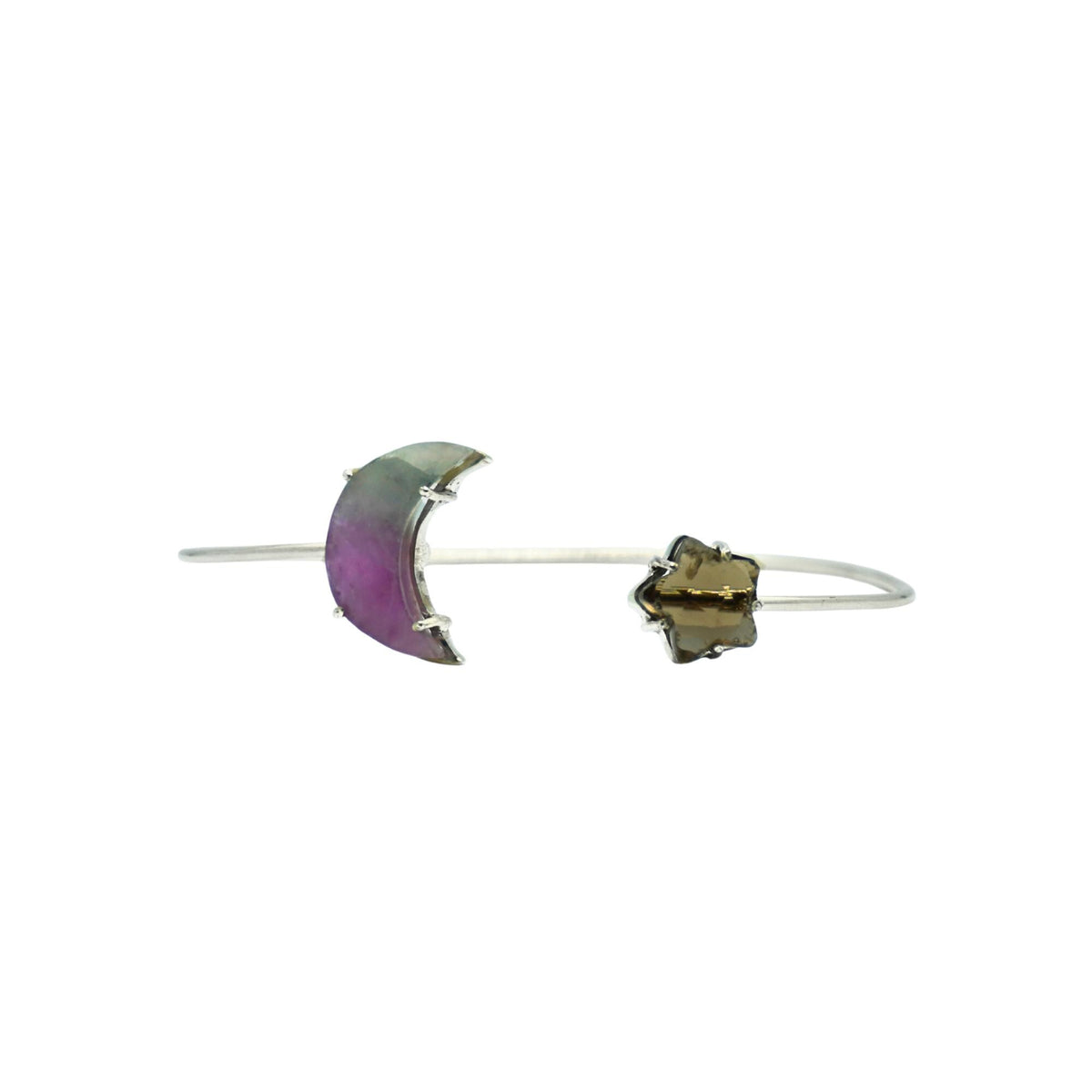 Sterling Silver Celestial Cuff Bracelet | Amethyst Moon, Smoky Quartz Star