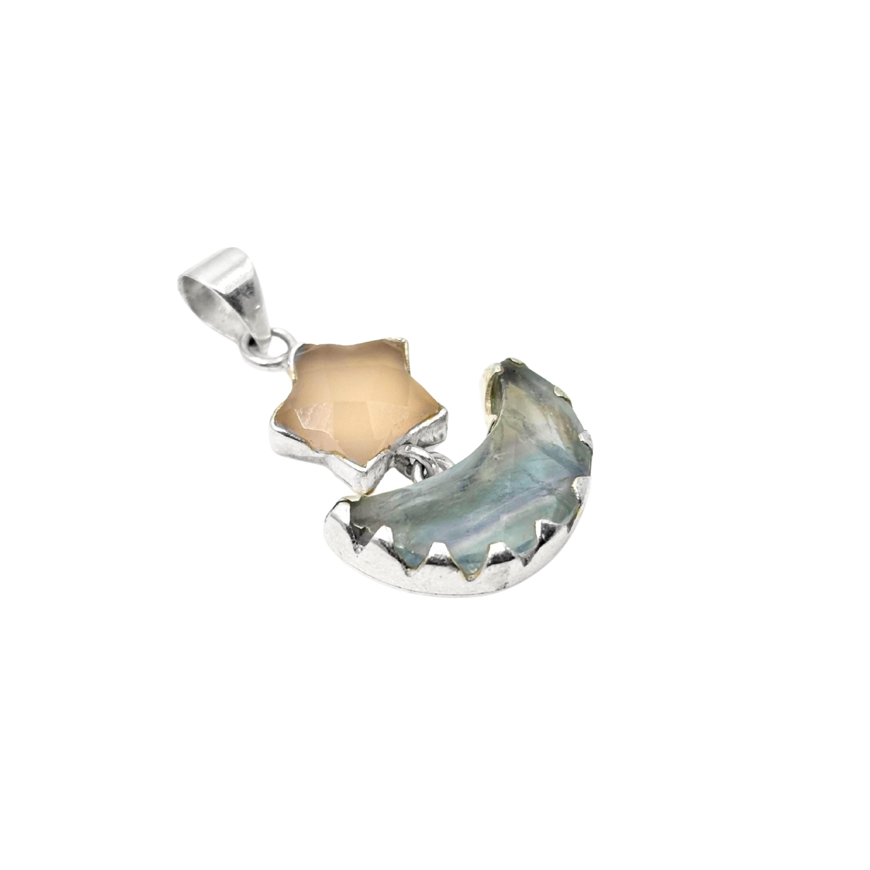 Rose Quartz Star and Fluorite Moon Pendant in 925 Sterling Silver – Celestial Gemstone Necklace, Boho Moon and Star Jewelry Gift for Her