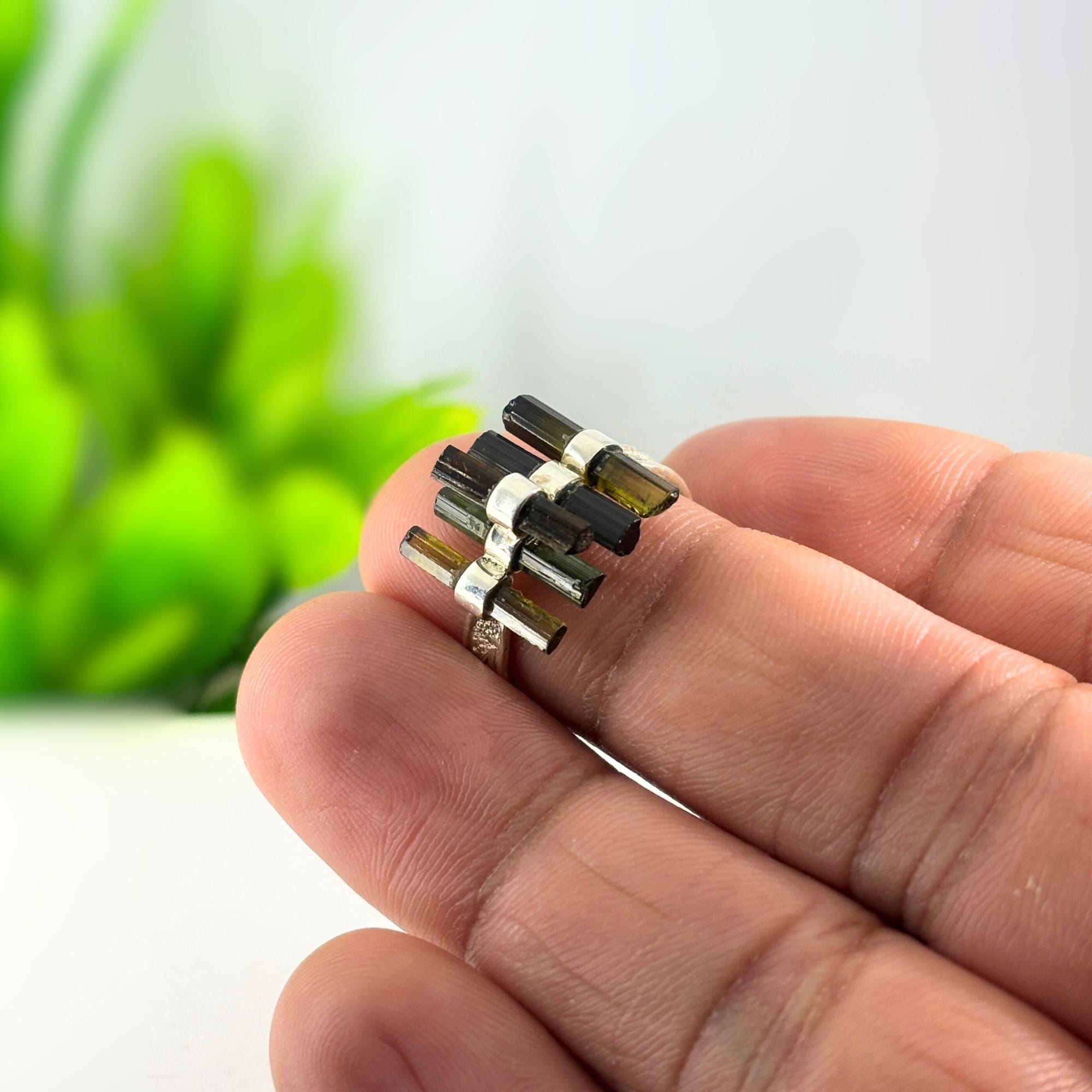 Raw Green Tourmaline Bar Ring: Sterling Silver Minimalist Stacking Ring