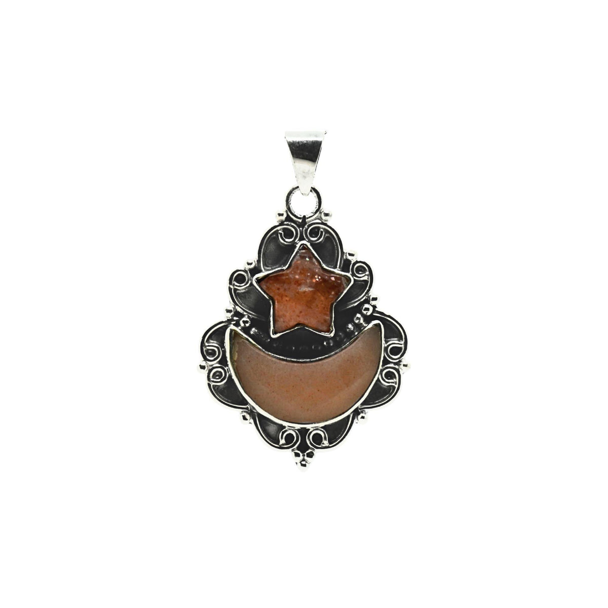 Sunstone Star & Moonstone Moon Pendant: 925 Sterling Silver Celestial Necklace