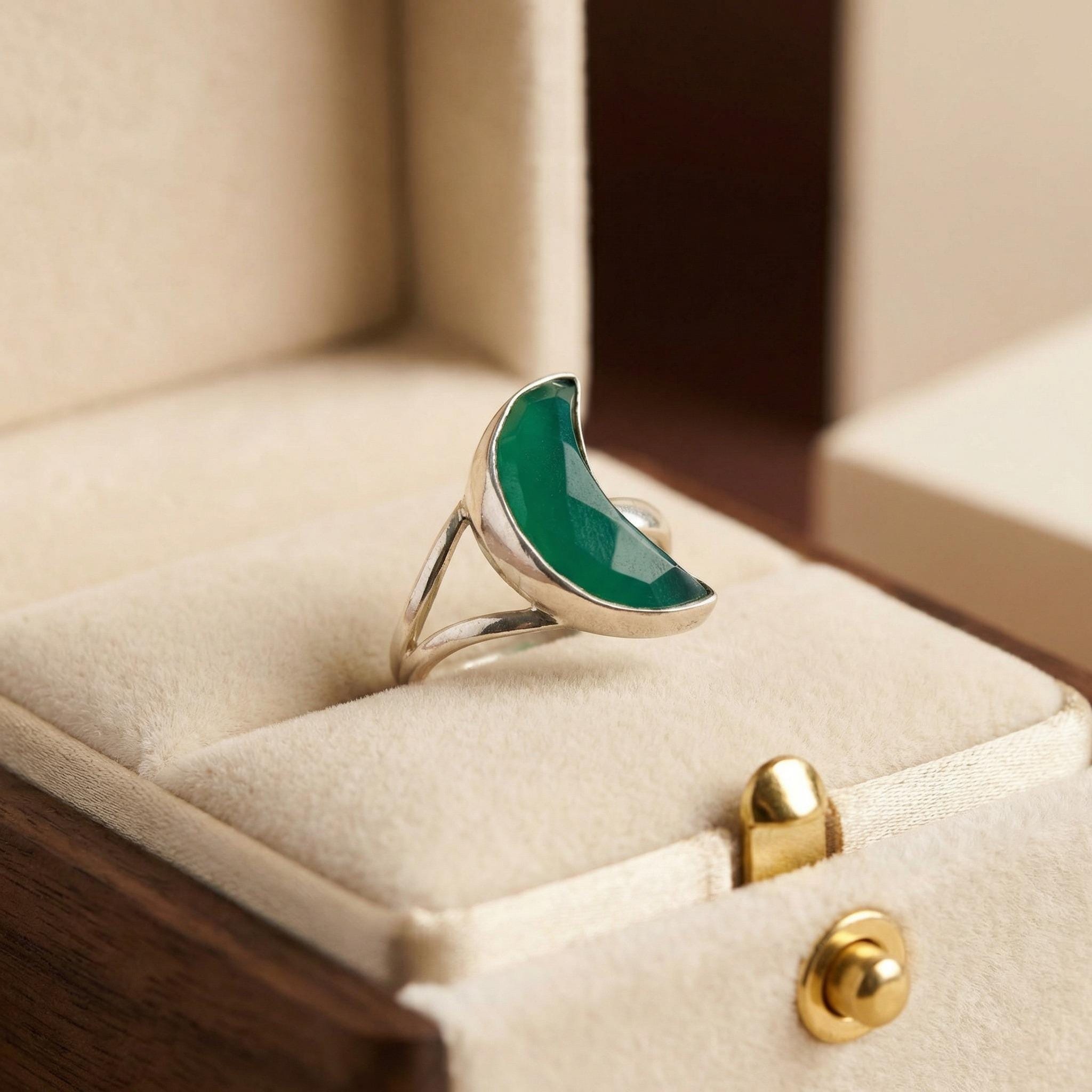 Green Onyx Moon Ring: Sterling Silver Crescent Boho Jewelry