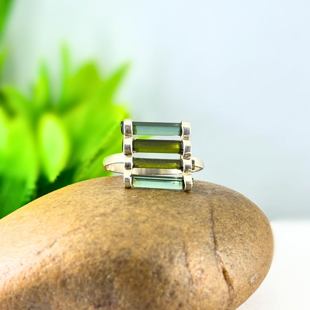 Raw Green Tourmaline Bar Ring: Sterling Silver October Birthstone