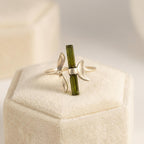 Raw Green Tourmaline Bar Ring: Adjustable Sterling Silver Boho Jewelry