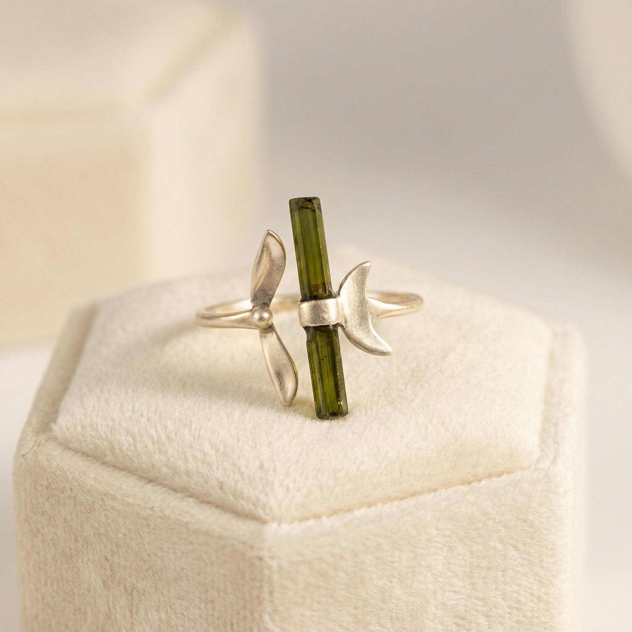 Raw Green Tourmaline Bar Ring: Adjustable Sterling Silver Boho Jewelry