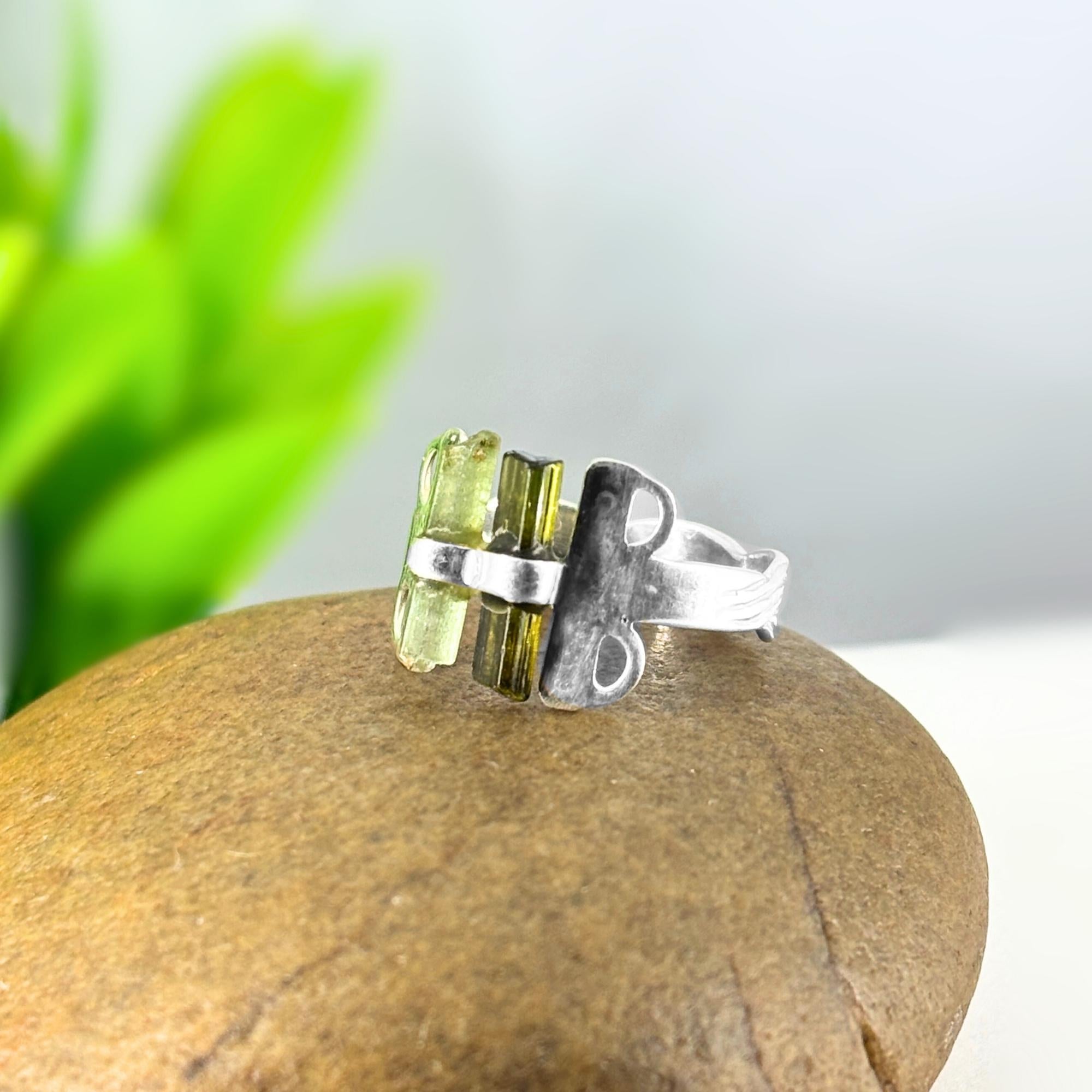 Raw Green Tourmaline Bar Sterling Silver Ring | Handmade Gemstone Stacking Ring | Minimalist Modern Jewelry