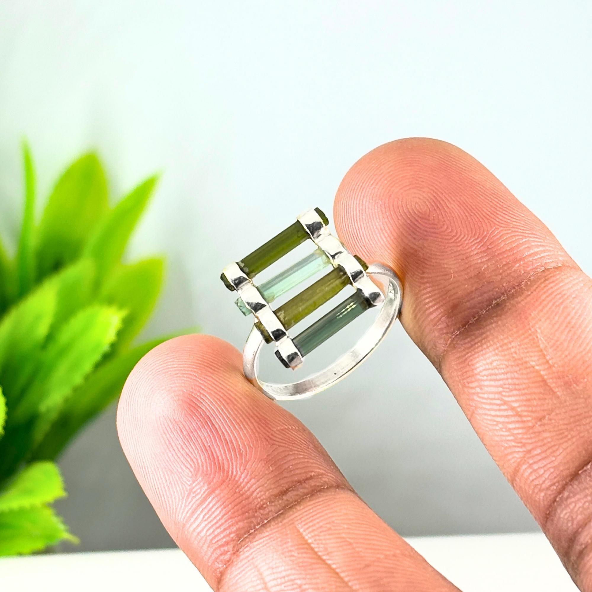 Raw Green Tourmaline Bar Ring: Sterling Silver October Birthstone