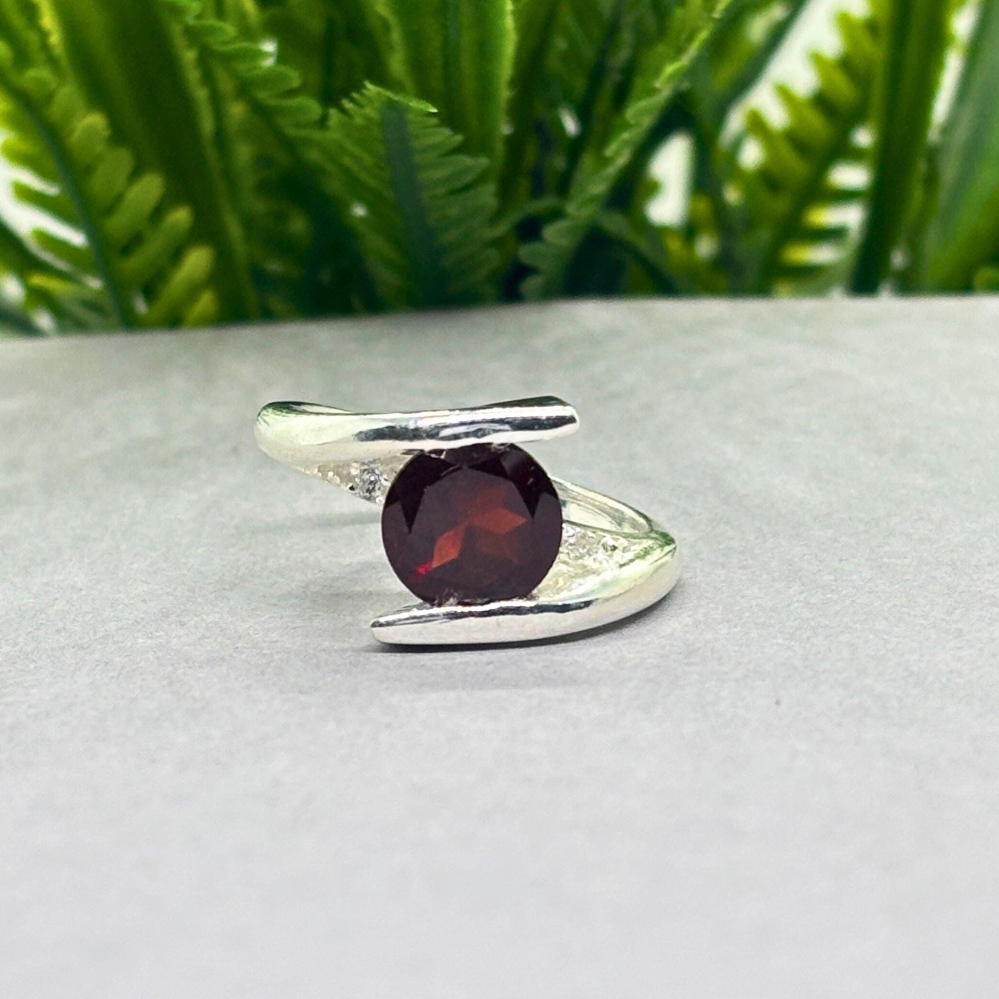 Natural Garnet & CZ Ring | 925 Sterling Silver | Gemstone Band | Handmade Ring Jaipur