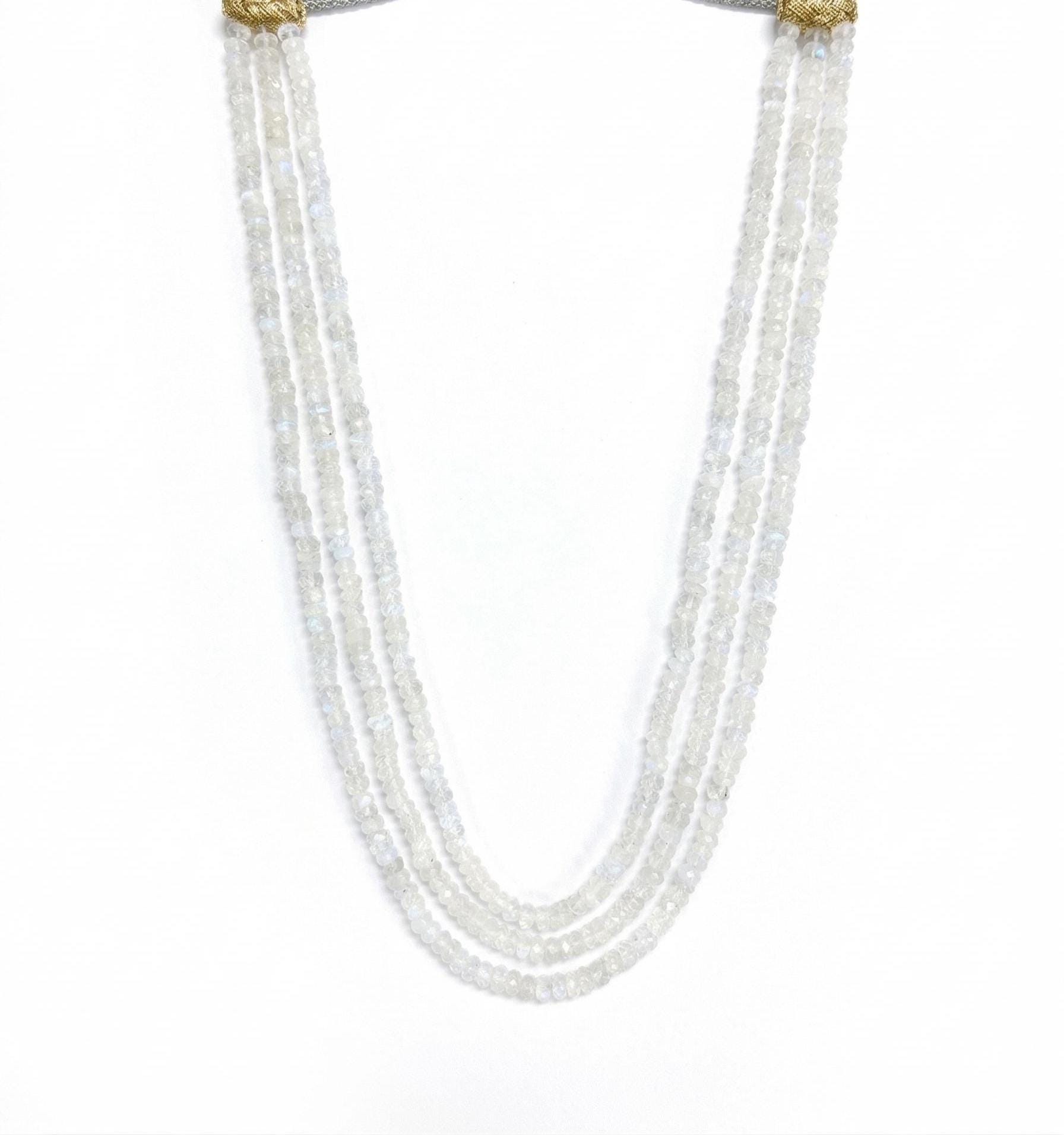 Beaded Moonstone Necklace, Three Line Long Layered Gemstone Necklace, Boho Statement Jewelry, Gift for Her