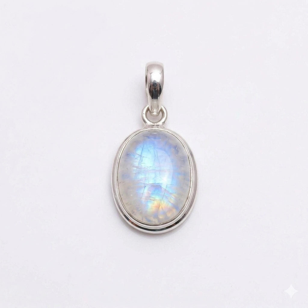 Oval Rainbow Moonstone Pendant – Sterling Silver Boho Gemstone Necklace