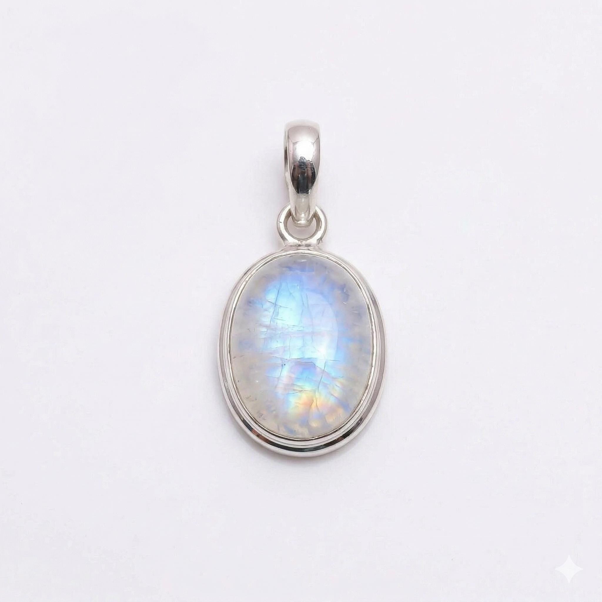 Oval Rainbow Moonstone Pendant – Sterling Silver Boho Gemstone Necklace