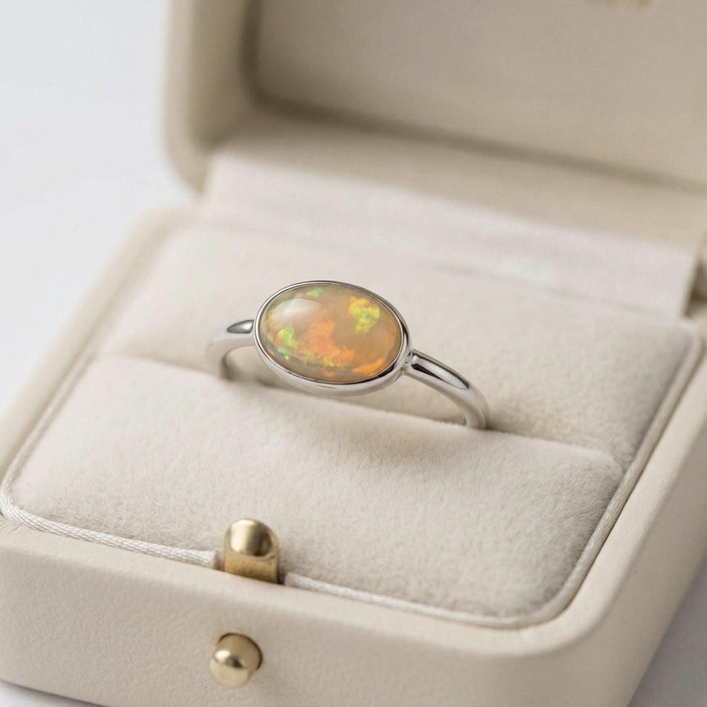 Opal Oval Ring – 925 Sterling Silver, Natural Opal Cabochon, Handmade Statement Jewelry