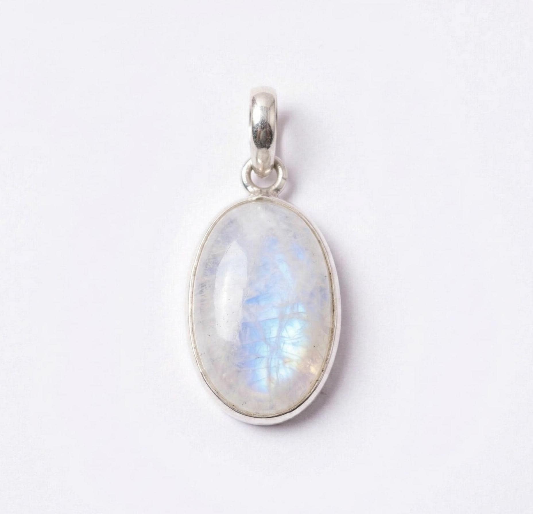 Oval Rainbow Moonstone Pendant – Sterling Silver Boho Gemstone Necklace