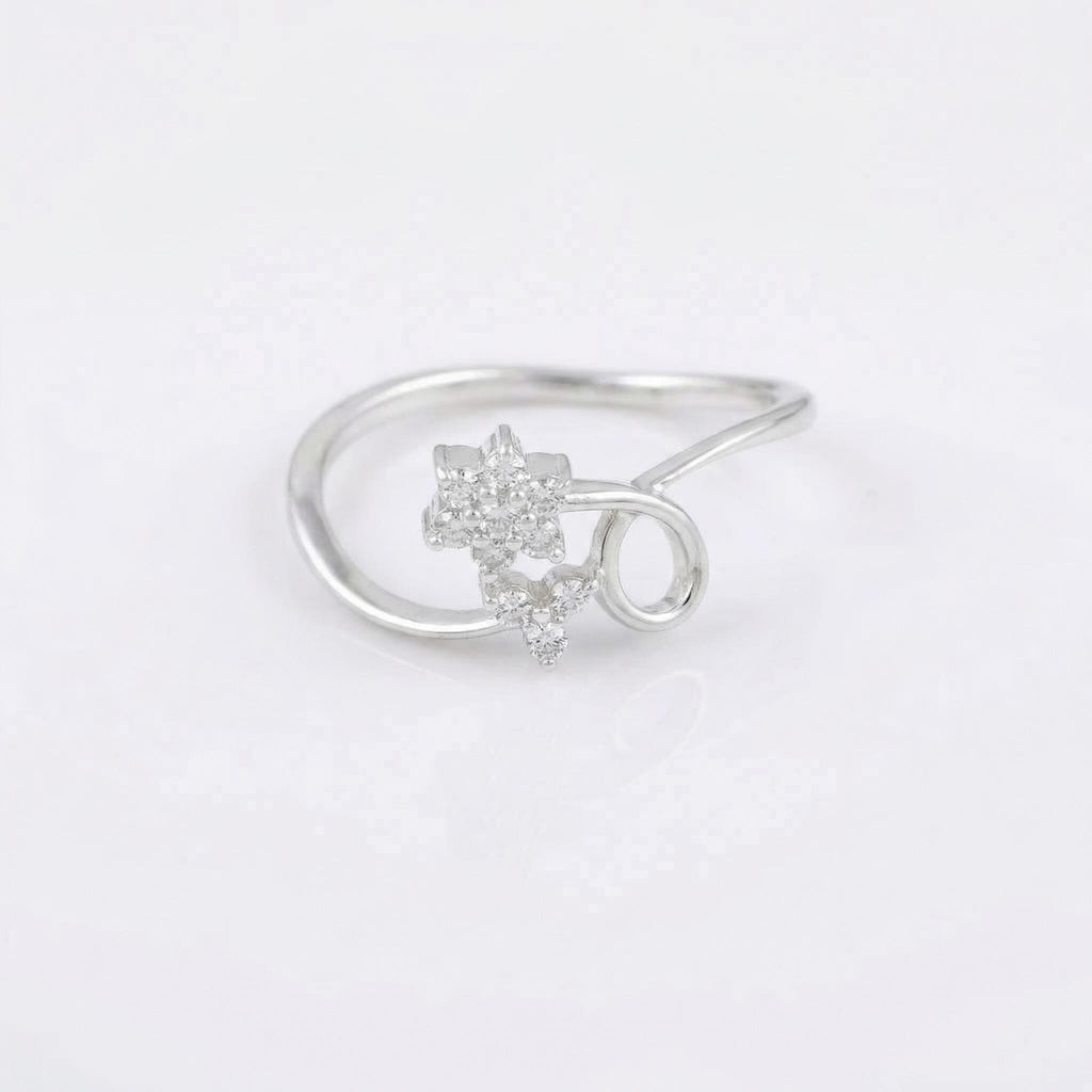 Sterling Silver CZ Flower Swirl Ring, Rhodium-Plated Boho Stacking Band