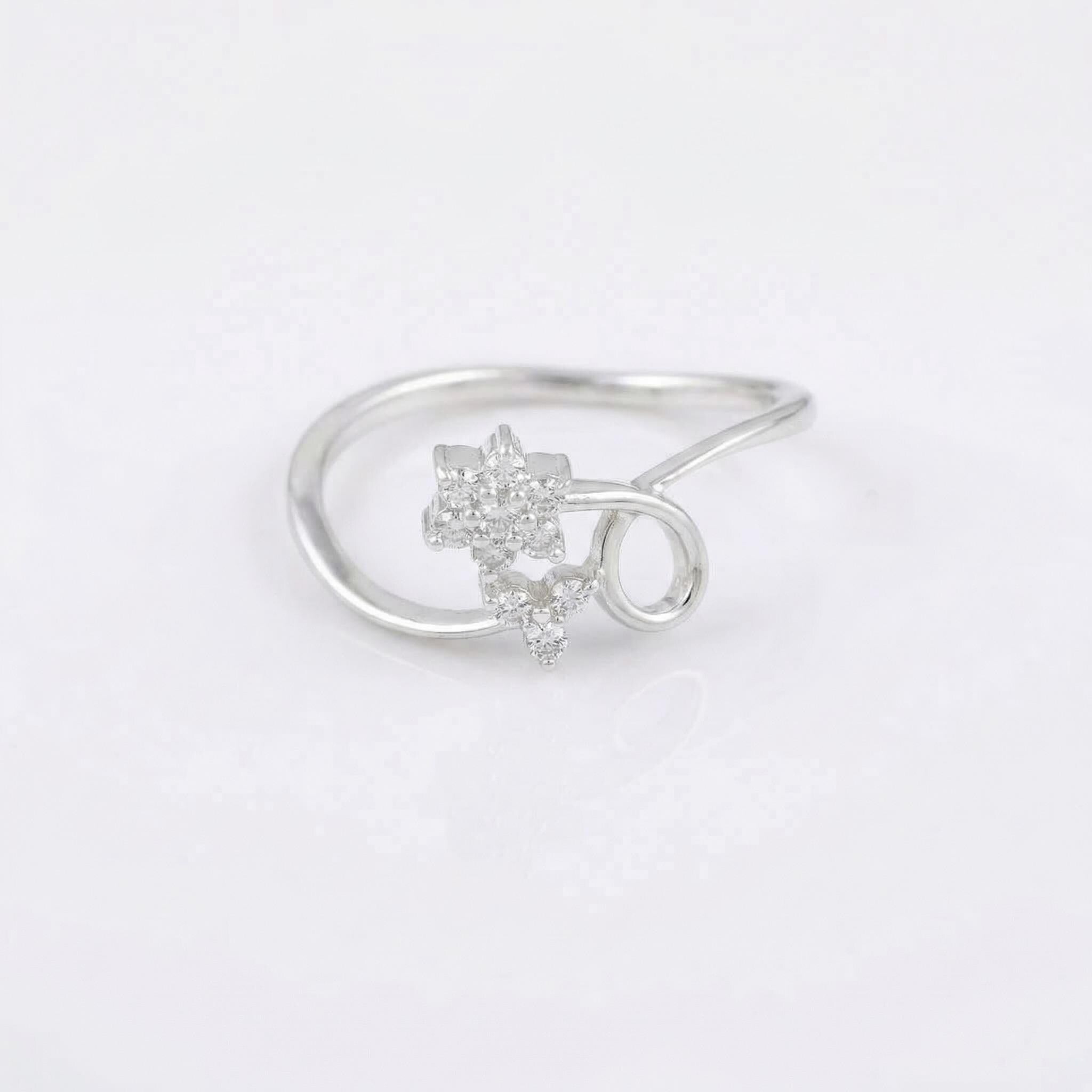 Sterling Silver CZ Flower Swirl Ring, Rhodium-Plated Boho Stacking Band