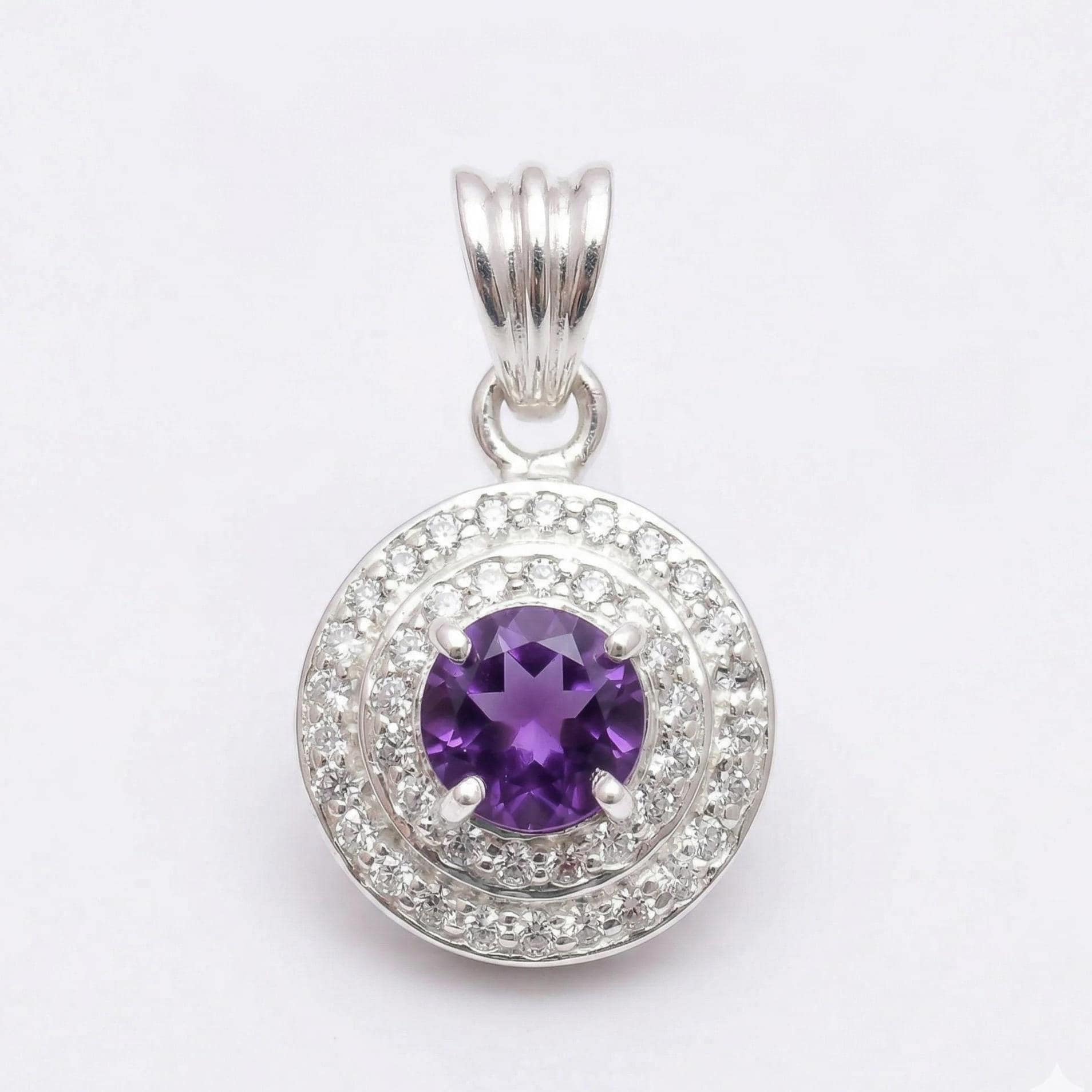 Sterling Silver Amethyst CZ Halo Pendant – February Birthstone Healing Jewelry